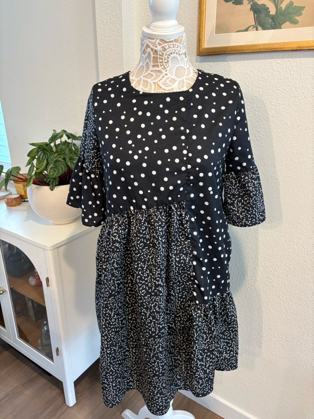 Caara Asymmetrical Polka Dot Tiered Mini Dress- size XS